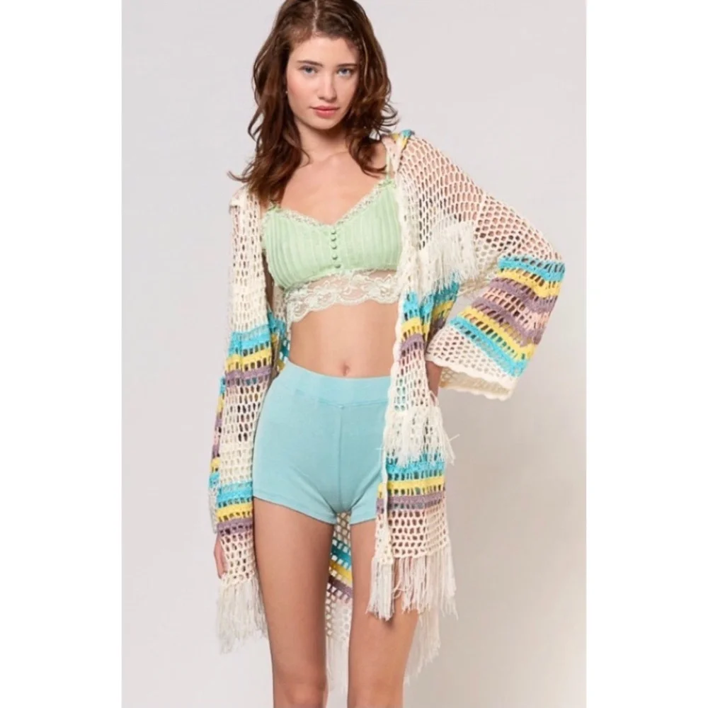 POL Beige Blue Crochet Hooded Cardigan with Fringe